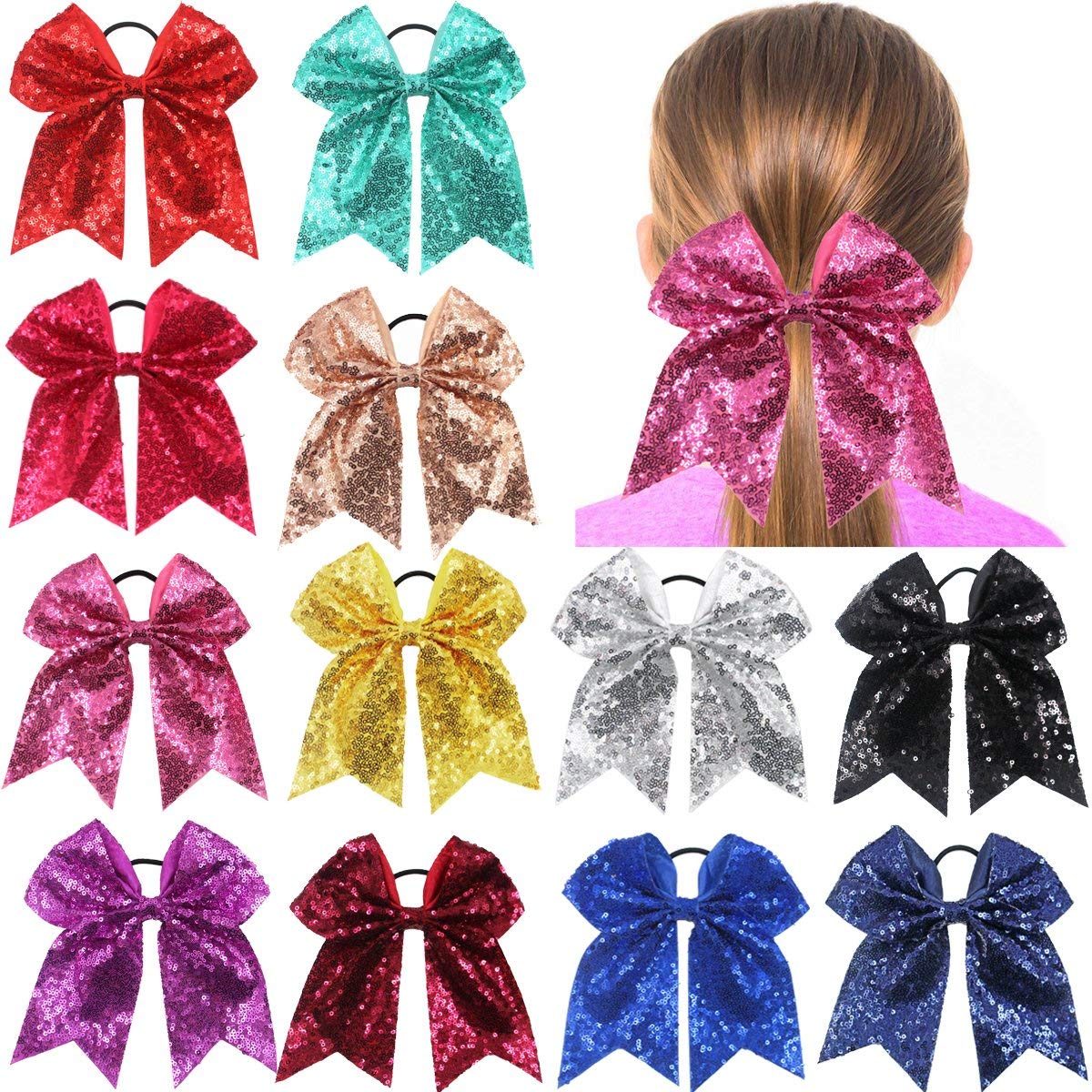 Photo 1 of (partial set) CÉLLOT 12PCS 8" Sequin Glitter Cheer Bows, Large Sparkly Cheer Hair Bows for Girls Cheerleading Team Sports, Competition Cheerleader Bows Ponytail Holder