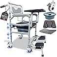 3 in 1 Commode Shower Chair with Wheels + Wheelchair Tray + Footrest – Rolling Shower Chair for Elderly and Disabled - Bedside Commode Toilet - Shower Wheelchair - Toilet Riser with Handles