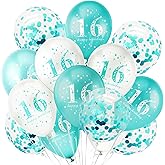 18Pcs 16th Birthday Decorations for Boys Girls Teal Blue White Birthday Balloons Decorations Happy 16th Birthday Confetti Latex Balloons Decorations for Men Women 16 Anniversary Birthday Party Décor