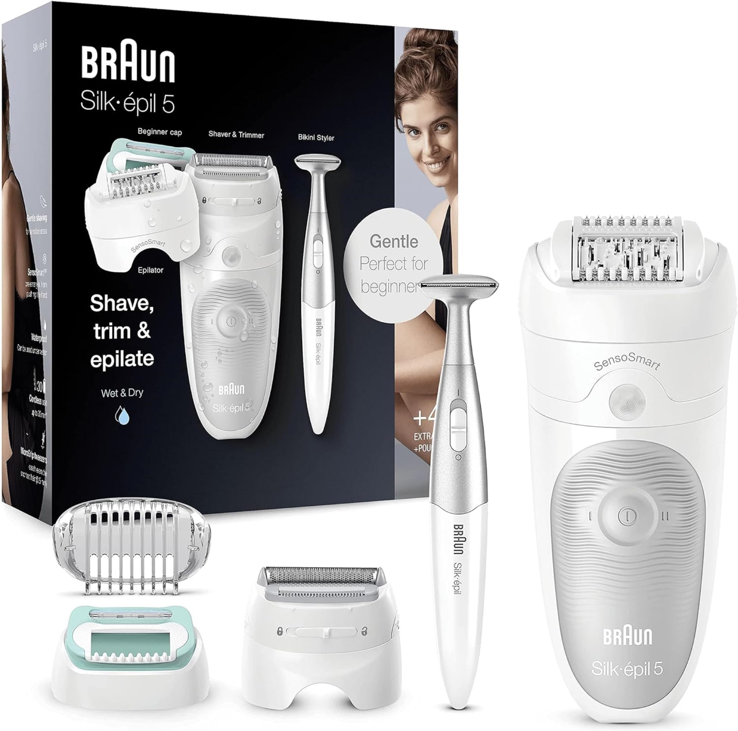 Braun Silk-épil 5 Beauty Set Women's Epilator for Women for Hair Removal, Razor Attachments, Trimmer and Massage for Body Includes Bikini Trimmer, Bag, Gift for Women, 5-825, White/Grey