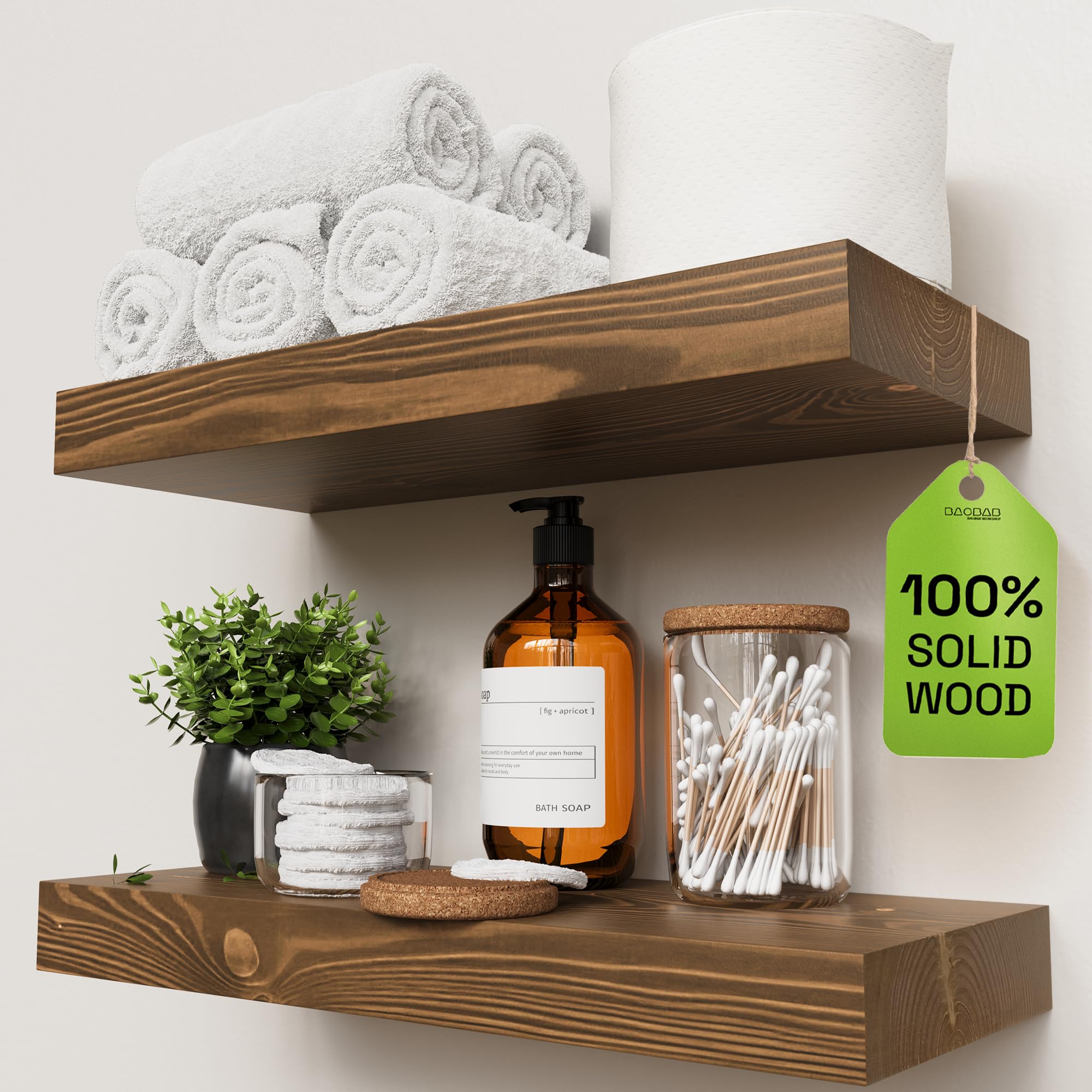 BAOBAB WORKSHOP Wood Floating Shelves for Wall Mounted, 16 inch Walnut Floating Shelf for Bathroom, Solid Wooden Wall Shelves for Kitchen Bedroom Farmhouse, Walnut Finish, 16 x 6.7, Set of 2