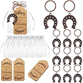 Ecation 20 Set Lucky Horseshoe Keychain Party Favor Bulk Western Cowboy Keyring Charm Accessories Kraft Tag Organza Bag for Guest Baptism Bridal Baby Shower Valentine Wedding Gift(Large,Retro)