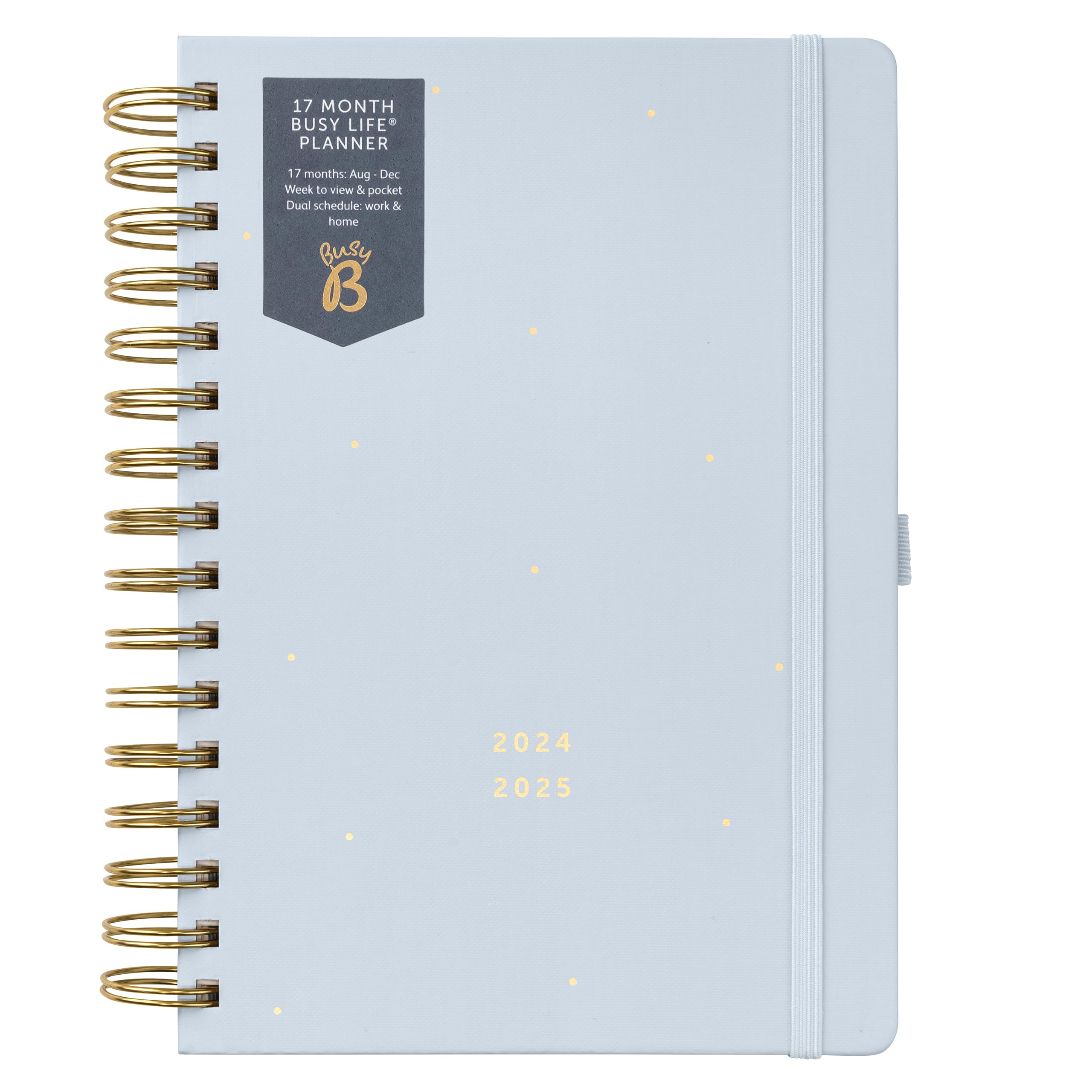 Busy B Mid Year 17 Month Busy Life Planner August 2024 - December 2025. Cloud A5 Week to View Planner with Dual Schedules, Pocket and Shopping Lists — image 1
