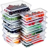 Meanplan 12 Packs Food Storage Containers for Fridge Plastic Refrigerator Organizers with Removable Drain Plate and Lid Stackable Produce Containers to Keep Fruits, Vegetables, Meat