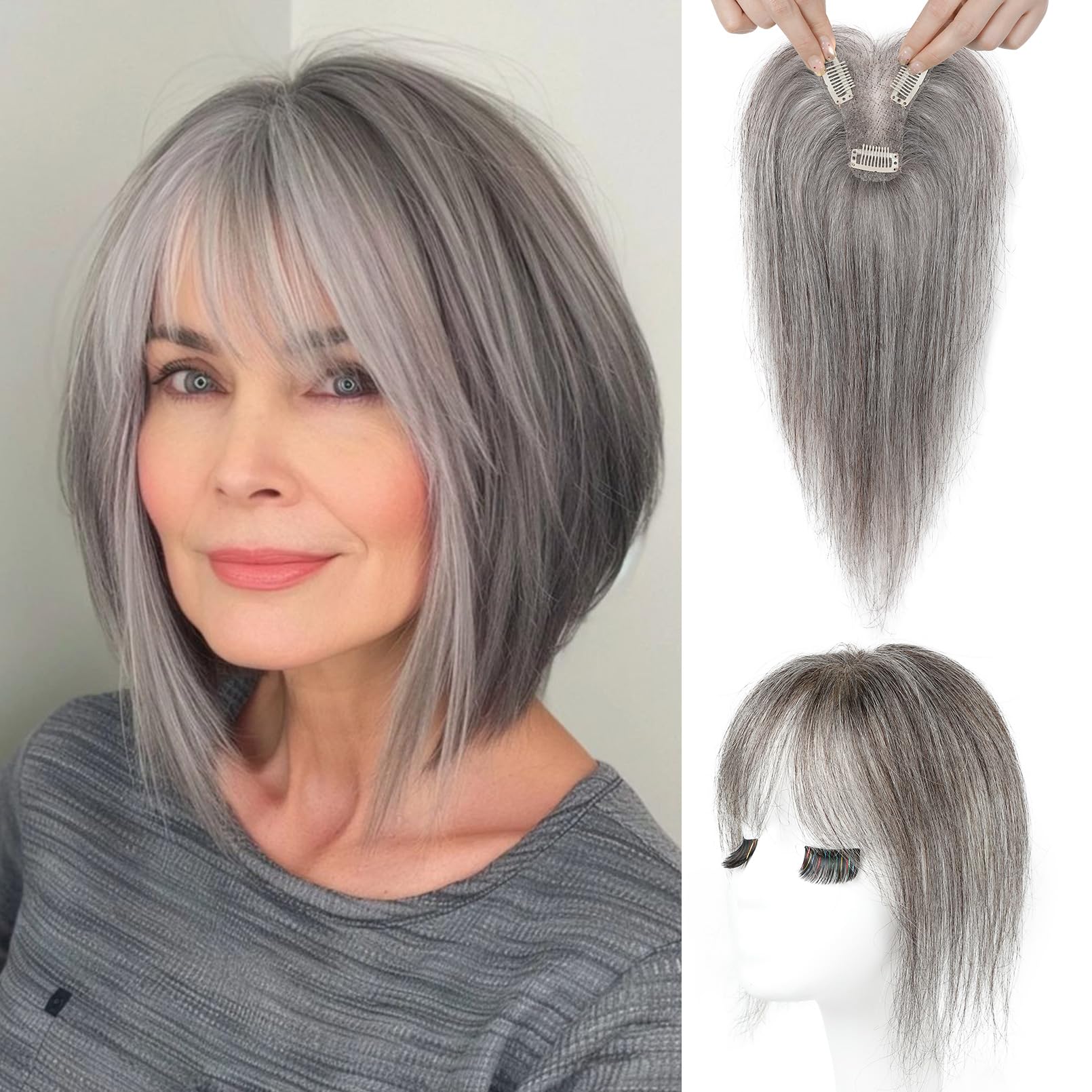 Photo 1 of REECHO Hair Toppers for Women Real Human Hair, Seamless Human Hair Toppers with Bangs, 360° 3D Cover Clip in Bangs Hair Extensions for Daily Wear, Dark Gray