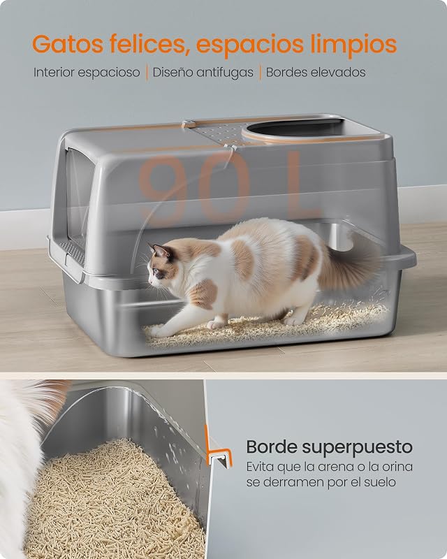 Areia para gatos, aço inoxidável para gatos com tampa rebatível, cinzento-pomba