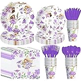 Xenorik Fairy Party Decorations Tableware - Purple Fairy Birthday Party Supplies, Paper Plate, Cup, Napkin, Cutlery, Flower Fairies Princess Enchanted Forest Garden Baby Shower Decorations | Serve 24