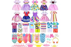 ENOCHT 30 PCS Mini 6 Inch Doll Clothes and Accessories Include 4 Tops, 4 Pants for Boy Dolls, 5 Dresses , 2 Swimsuit and 2 Shoes, 10 Outfits Hangers Pocket Glasses Headset Crown for 5.3-6 Inch Dolls