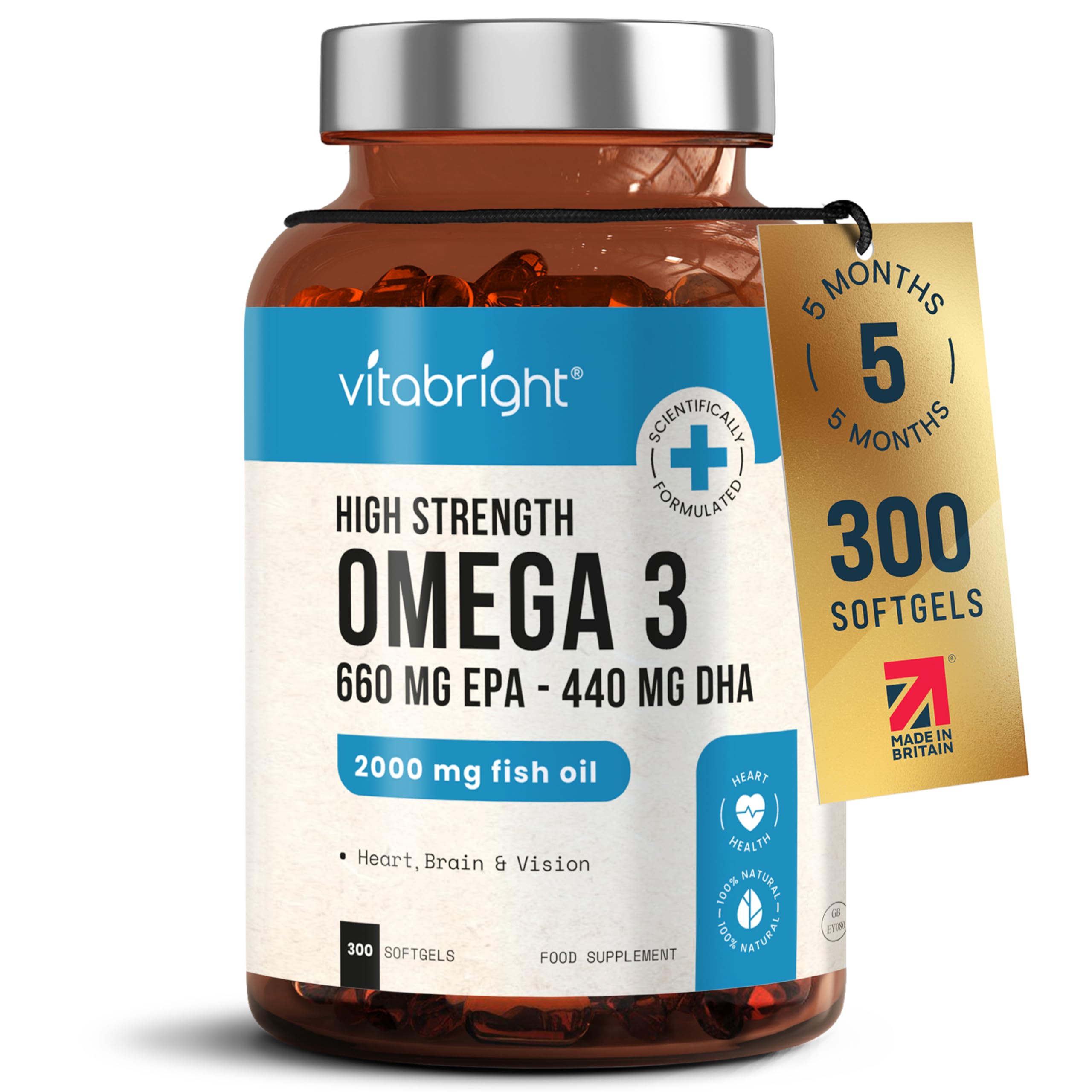 Omega 3 Fish Oil Capsules 2000mg High Strength | 660 EPA & 440 DHA | 150 Capsules 5 Months Supply | Omega 3 Supplement Alternative to Cod Liver Oil | VitaBright