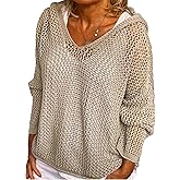 xxxiticat Women's Hollow Out Pullover Sweater Long Sleeve Casual Hooded Drop Shoulder Knitwear Crochet Hoodies Sweatshirt
