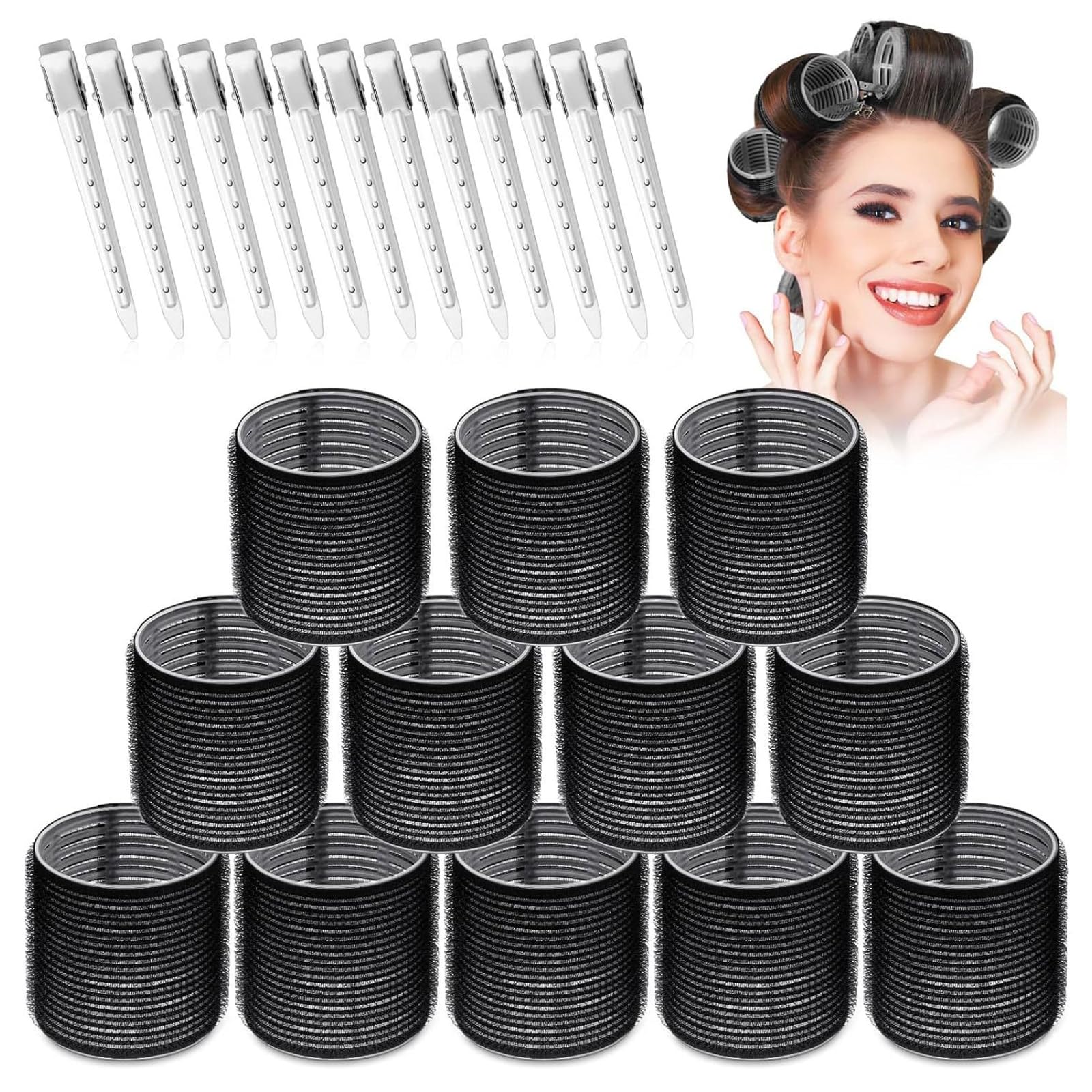 24 Pcs Hair Rollers With Clips,Hair Curlers Rollers With 12 Pcs 64MM Self Grip Large Hair Rollers And 12Pcs Duckbill Clip,Uonekamo Hair Rollers Set For Long Medium Short Thick Fine Volume Bangs (64MM)