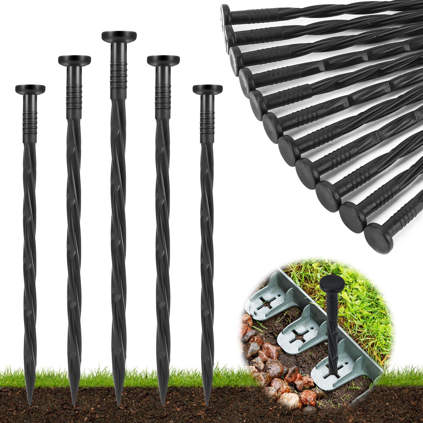 Photo 1 of Garaook Landscape Edging Stakes, 100 Pcs 8" Plastic Garden Spikes, Spiral Nylon Anchoring Spikes for Paver Edging, Weed Barriers, Artificial Turf, Tent, Grass Pathway and More, Black