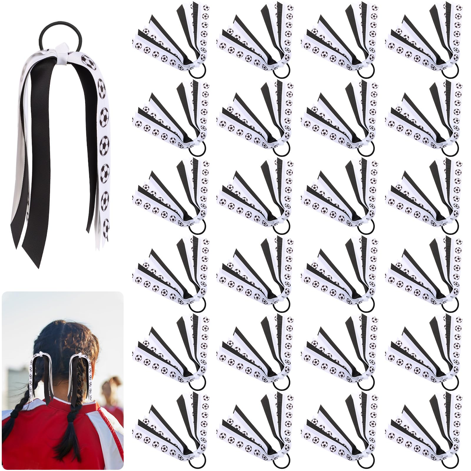 Photo 1 of 24 Pcs Soccer Hair Accessories for Girls, Holder Streamer Elastics, Soccer Hair Ties, Soccer Ribbon,Soccer Scrunchies for Girls Ponytail Holder Scrunchies Gifts (Black & White, 24 Count (Soccer))