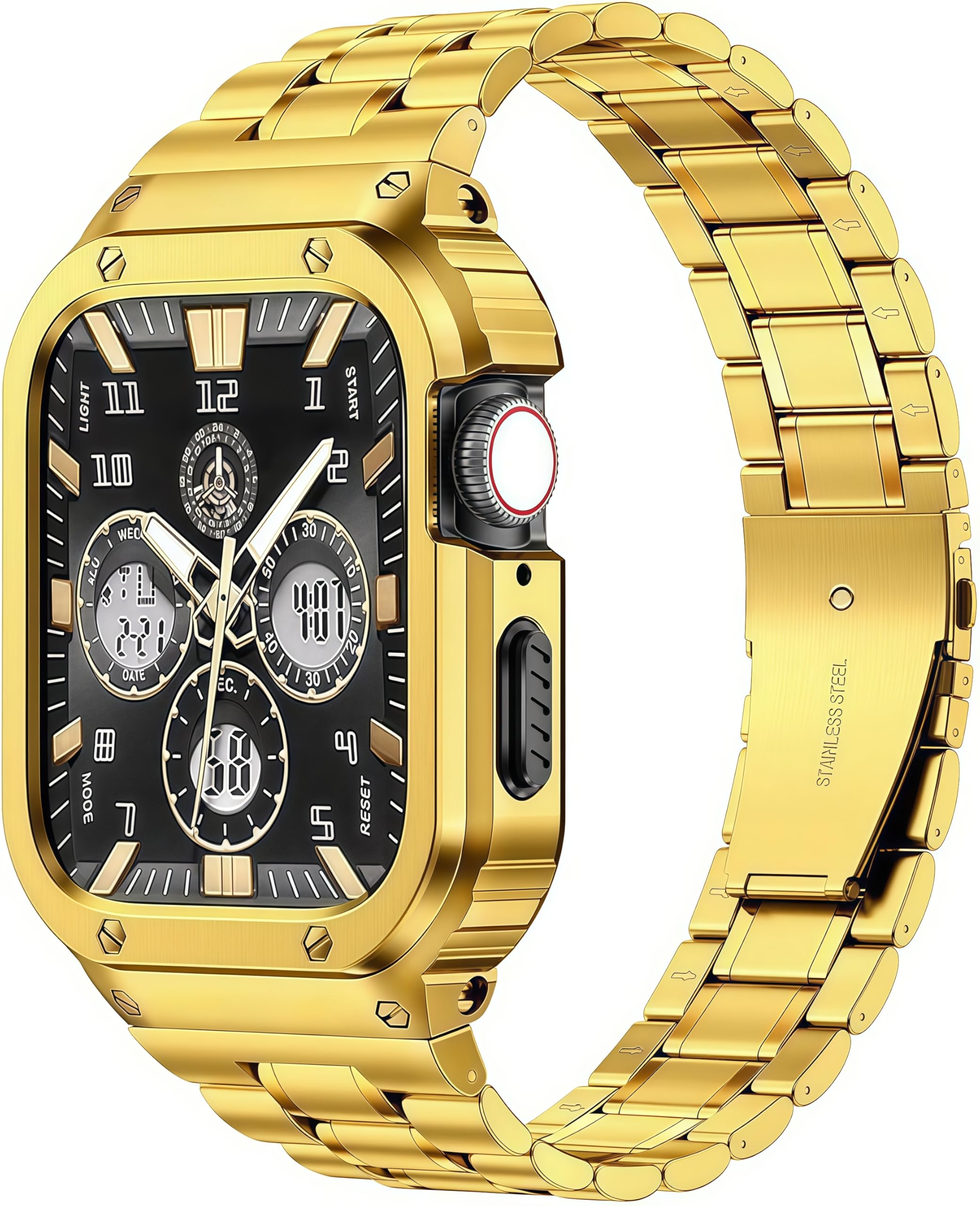 MioHHR Stainless Steel Watch Band with Case Compatible for Apple Watch Bands 38/40/41 mm,Rugged Strap with Metal Protective Bumper Cover for iWatch Series 9/8/7/6/5/4/SE/3/2/1 for Men(Gold)
