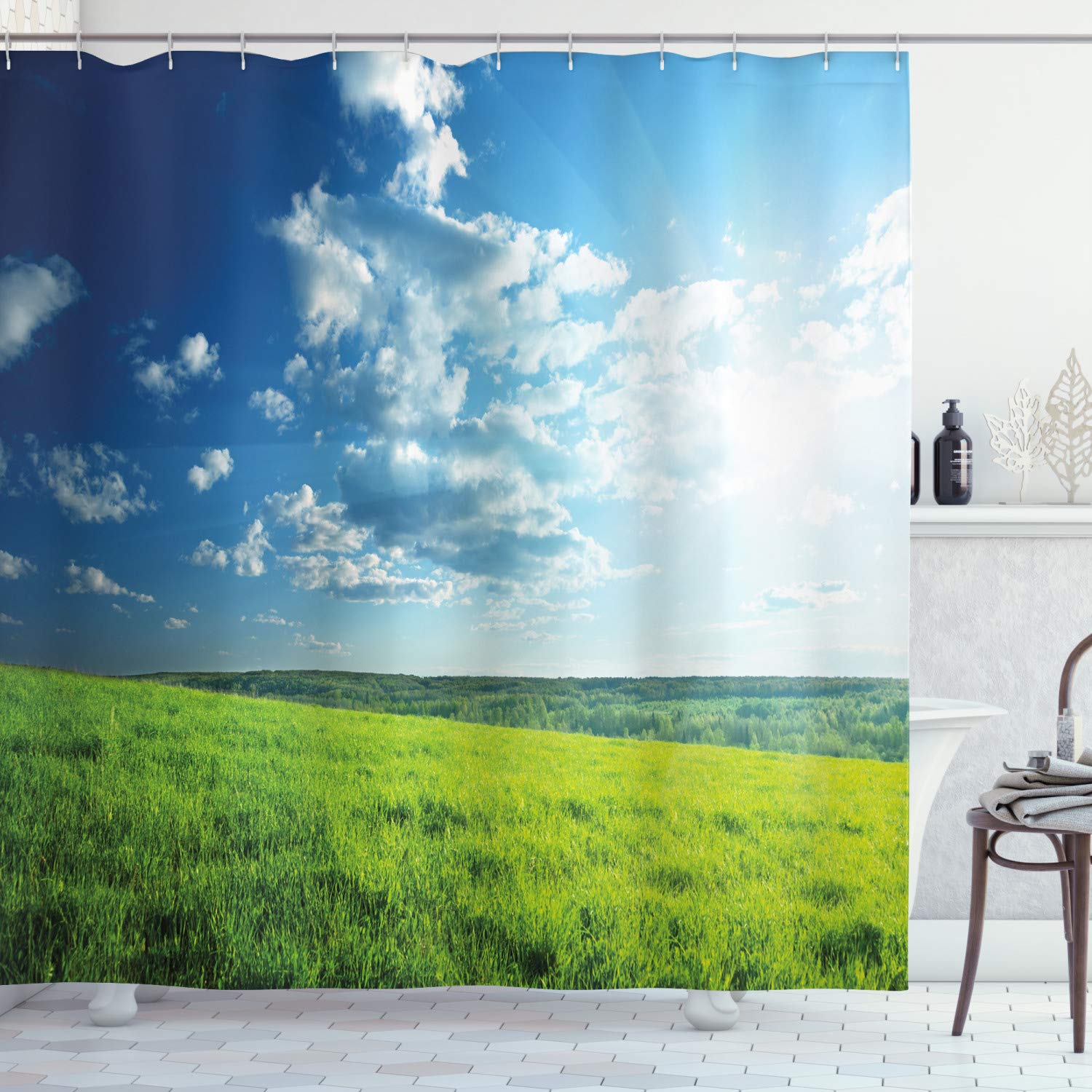 ABAKUHAUS Nature Shower Curtain, Refreshing Meadow Valley Under Cloud Sun Sky Spring Grass Country Image, Cloth Fabric Bathroom Decor Set with Hooks, 70 Inches, Lime Green Pale Blue