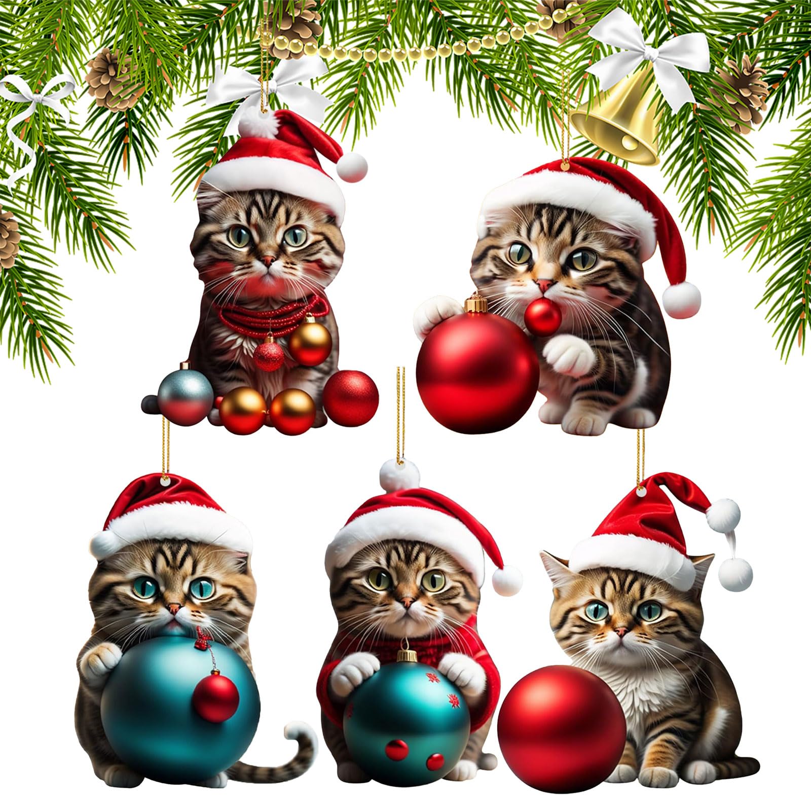 Ellxen 5pcs Acrylic Cat Christmas Ornament for Christmas Tree Decoration,Christmas decoration gift,fun Christmas pendant decoration, Christmas decoration for porch, hallway, office(A)