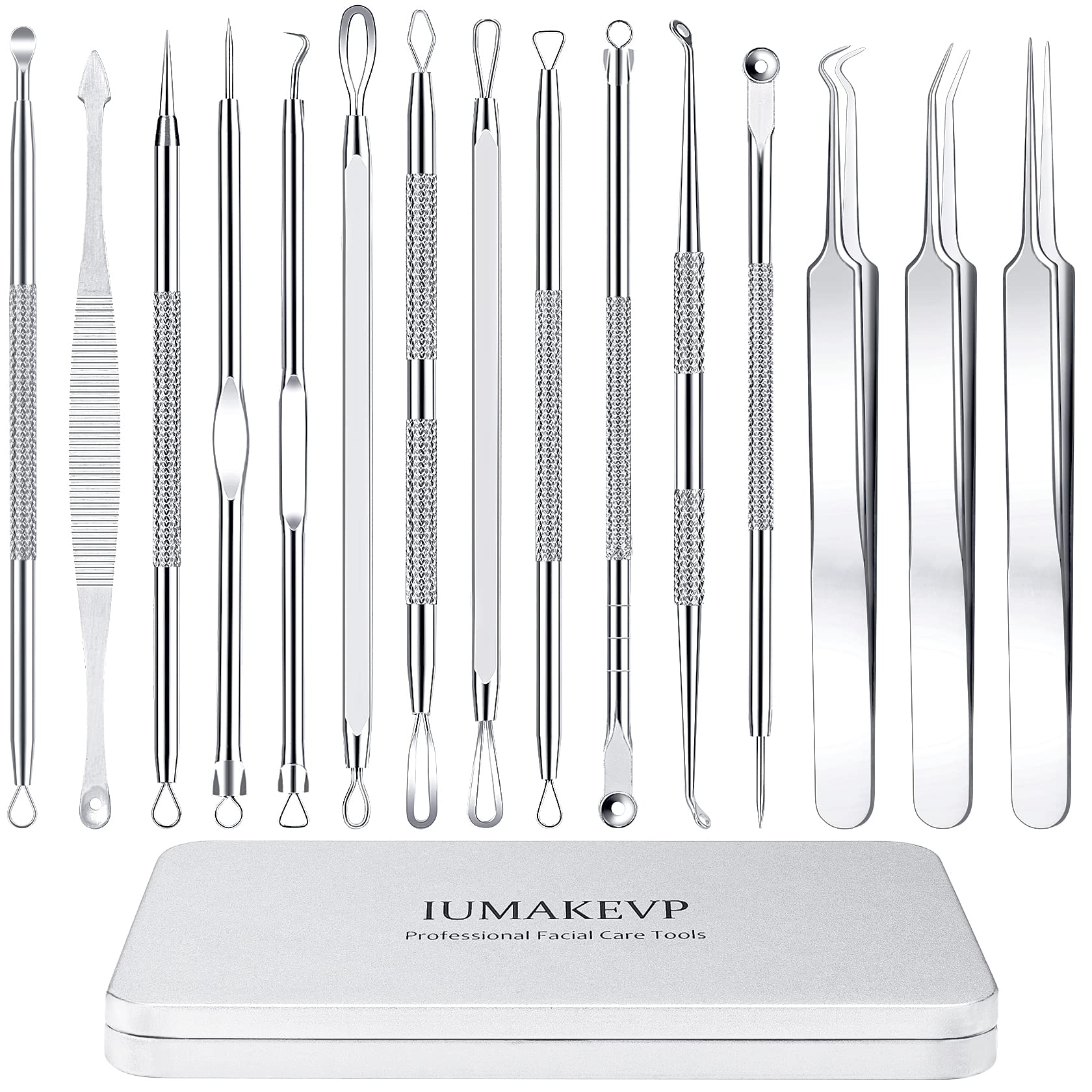 Blackhead Remover Tool Kit, IUMAKEVP 15 PCS Professional Stainless Steel Pimple Popper Comedone Extractor Tools for Removing Pimple, Blackheads, Zit on Face - Acne Removal Kit with Metal Case(Silvery)