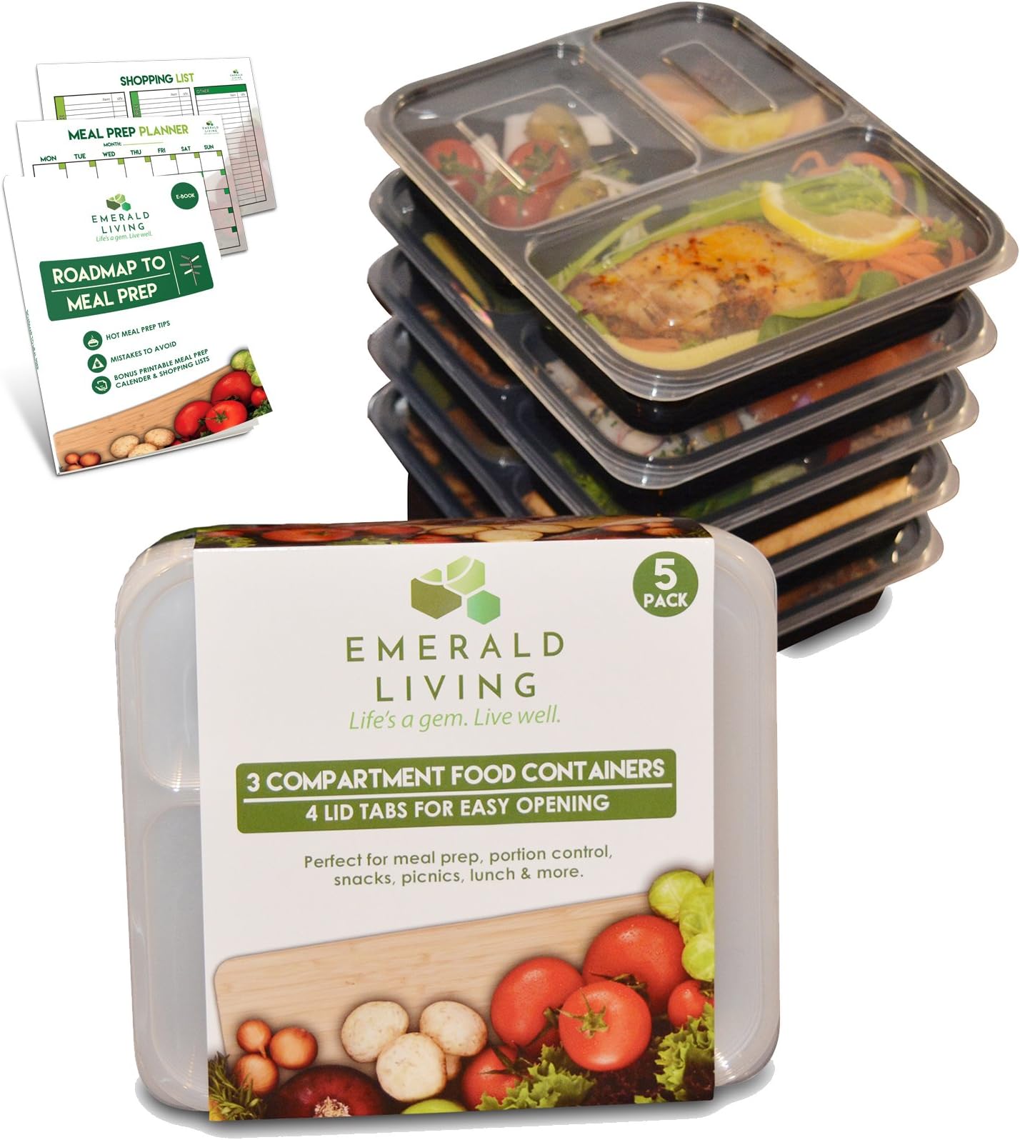 Emerald Living 5 Piece 3 Compartment BPA Free Meal Prep, Reusable Plastic Food Storage Containers with Lids, Stackable, Microwavable, Freezer and Dishwasher Safe Lunch Box Set and EBook, 36 oz.