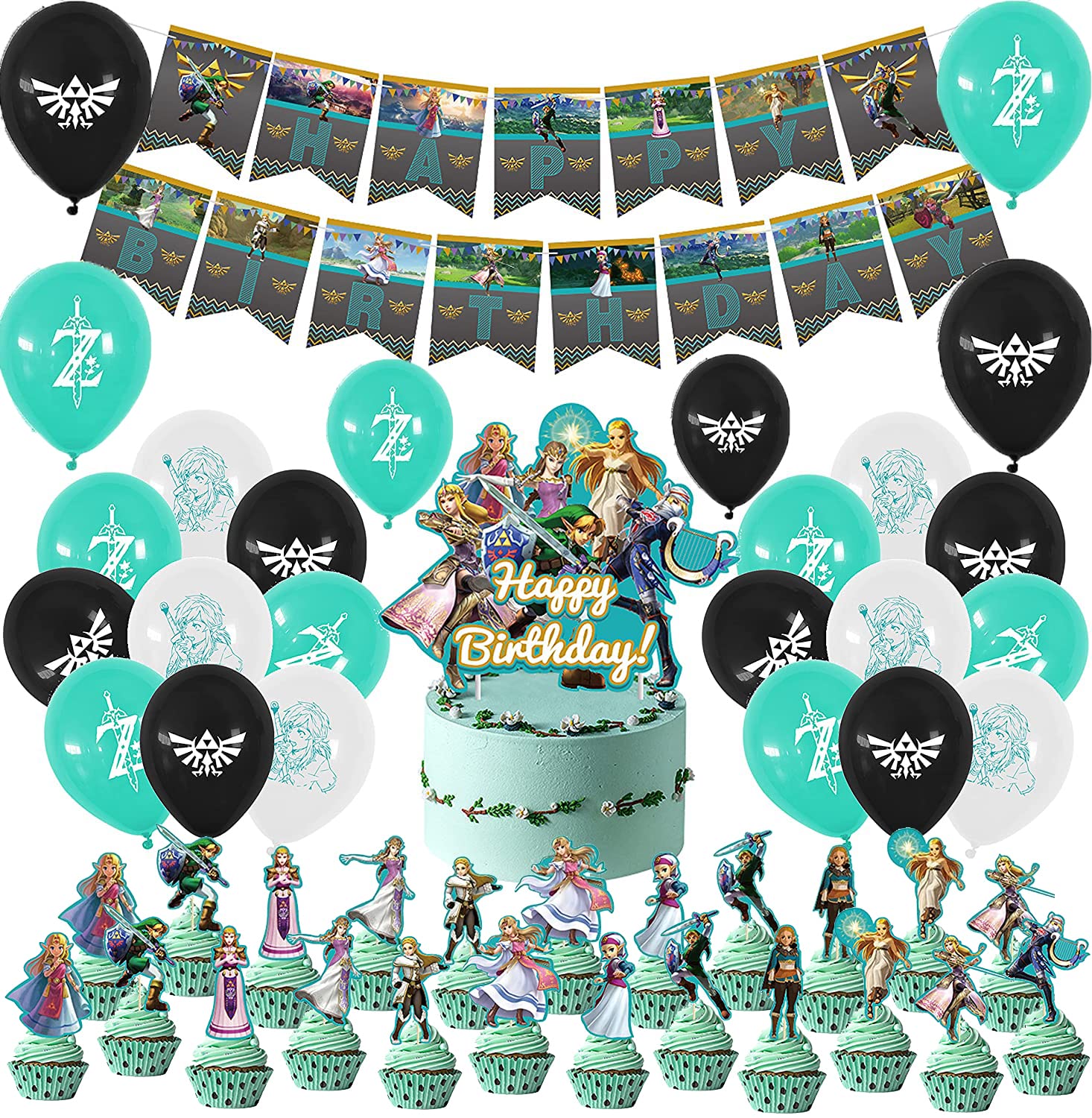 000 The Legend of Zelda Birthday Party Decoration Set - Link Balloons, Banner, Cake Toppers, Cupcake Toppers (12), Latex Balloons (18) - Multicoloured