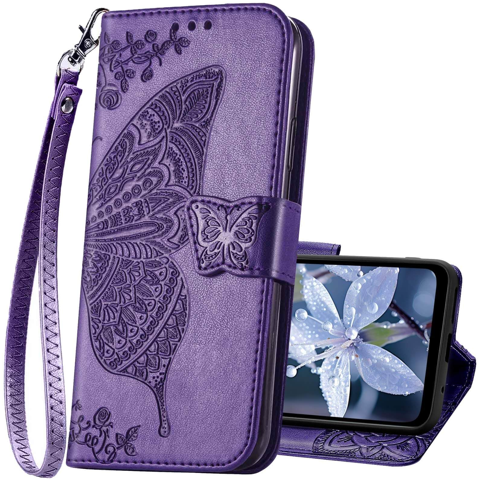KRHGEIK for Samsung Galaxy A17 5G Phone Case Wallet,Women Flip Cover with Credit Card Holders Butterfly Embossed PU Leather Wrist Strap Purse Protective (Purple)