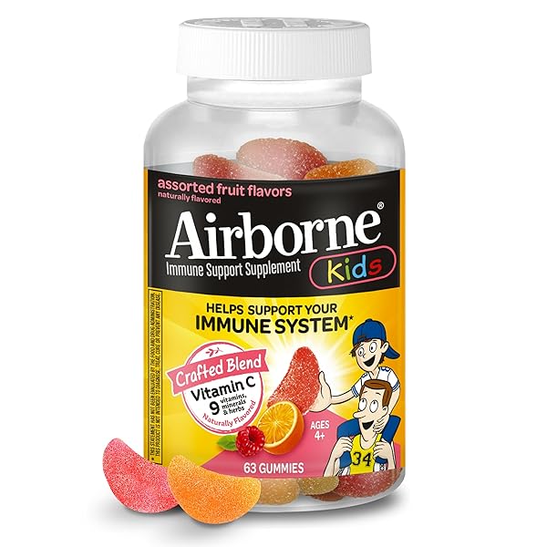 AIRBORNE KIDS 500MG VITAMIN C GUMMIES, KIDS IMMUNE SUPPORT ZINC GUMMIES WITH POWERFUL ANTIOXIDANTS VIT C & E – 63 , ASSORTED FRUIT FLAVOR