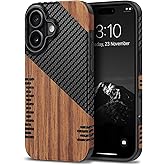 TENDLIN Compatible with iPhone 17 Case Wood Grain with Carbon Fiber Texture Design Leather Hybrid Slim Case (Twill)