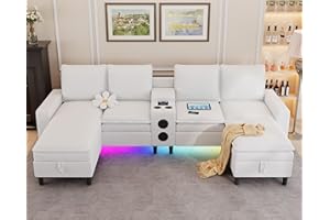 HYZQ Sectional Couches for Living Room, 4 Seat Sectional Sofa with Smart Module-Bluetooth Speaker/RGB Light/Charging Station, Teddy Fleece U Shaped Cloud Couch with Storage Ottoman (White)