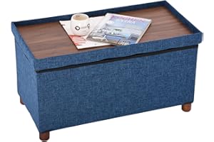 Ao Lei 30 Inches Storage Ottoman Bench, Storage Bench with Wooden Legs for Living Room Ottoman Foot Rest Removeable Lid for Bedroom End of Bed, Linen Fabric, Folding Blue Ottoman
