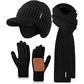 Winter Hat Gloves Scarf Set for Men, Fleece Beanie with Brim & Ear Flaps