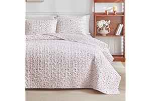 mixinni King Quilt Bedding Set with Pillow Shams, 3 Piece Boho Pink Floral Bed Coverlets for All Seasons, Soft Lightweight Microfiber Quilted Comforter Set-(92"x106", 1 Quilt+ 2 Pillow Shams)