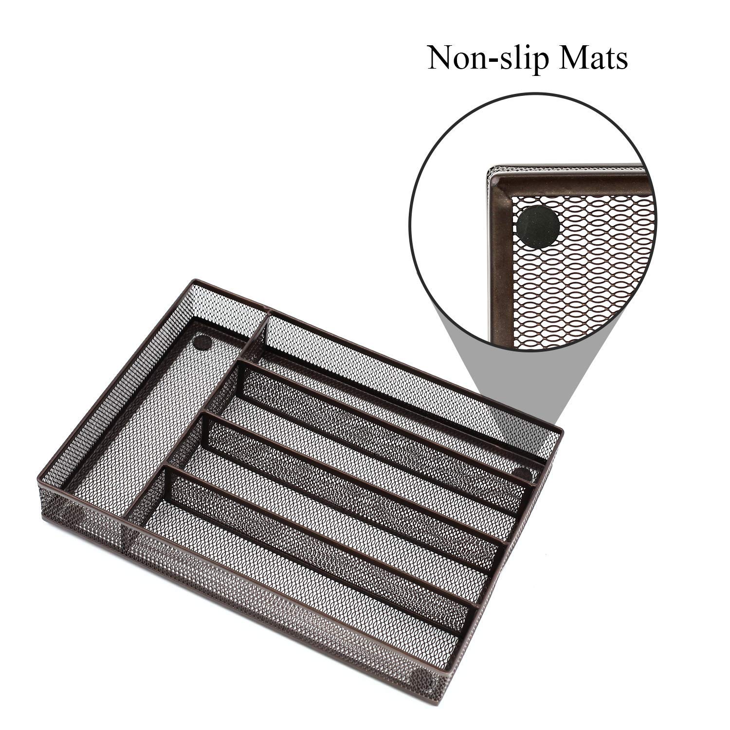 QZDJG Flatware Tray Utensil Drawer Organizer Kitchen Utensil Cutlery Tray Mesh Designing with Foam Feet Multi Compartments Keep Desk Drawer and Office Supplies Well Organized (Brown)