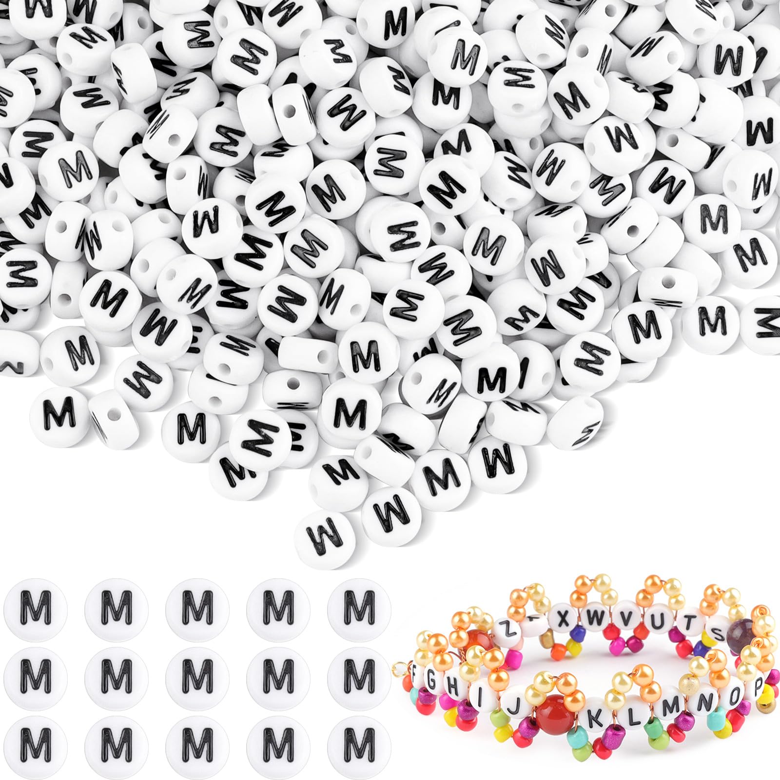 500Pcs Acrylic Letter M Beads,7mm Round Alphabet Beads for Bracelet Making,Spacer for Necklace,Earring and Jewellery Making