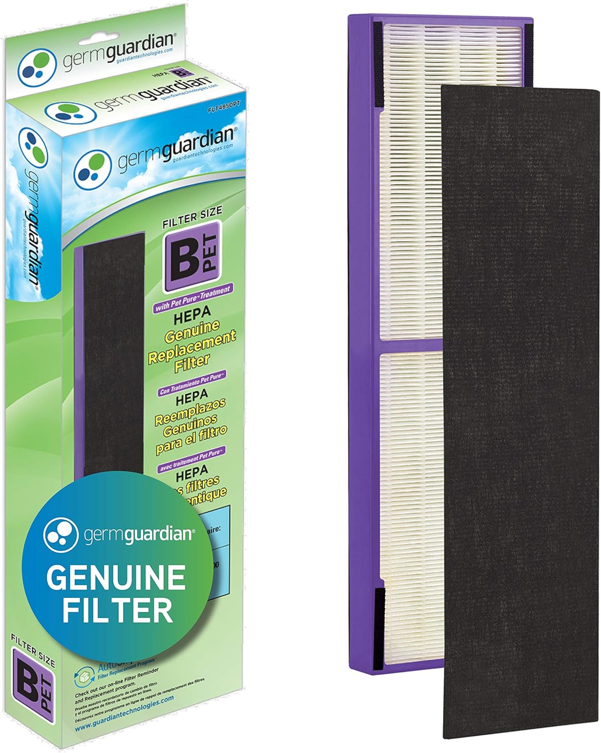 Germ Guardian FLT4850PT True HEPA Genuine Air Purifier Replacement Filter B, with Pet Pure Treatment for GermGuardian AC4900, AC4825, AC4850PT, CDAP4500, AC4300, and More, 1 Count (Pack of 1): Health & Personal Care