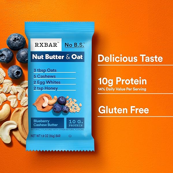 RXBAR NUT BUTTER AND OAT PROTEIN BARS, PROTEIN SNACKS, SNACK BARS, BLUEBERRY CASHEW BUTTER, 9.7OZ BOX (5 COUNT)