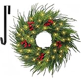 CENMORISE 26'' Xmas Wreath with Lights,Large Norfolk Pine Wreaths with Red Berry and 50 LEDs, Battery Operated Christmas Reef with Timer for Door Window Winter Porch Decor