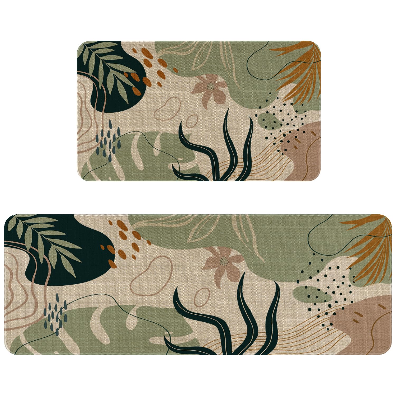 Photo 1 of Mid Century Boho Kitchen Rugs and Mats Set of 2, Farmhouse Style Abstract Tropical Leaf Kitchen Mat for Floor, Non-Slip Washable Kitchen Sink Mats Decor Doormat(17x30Inch)+Runner Rug(17x47 Inch)