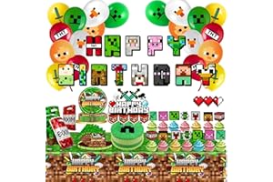 HAPPYSET Pixel Game Birthday Party Decorations - Miner Supplies Set Gaming Theme - Including Banner Balloons Tablecloth Plates Toppers Napkins Favor Bags - Mining Bday Pack Craft Decor Kit Boys Girls