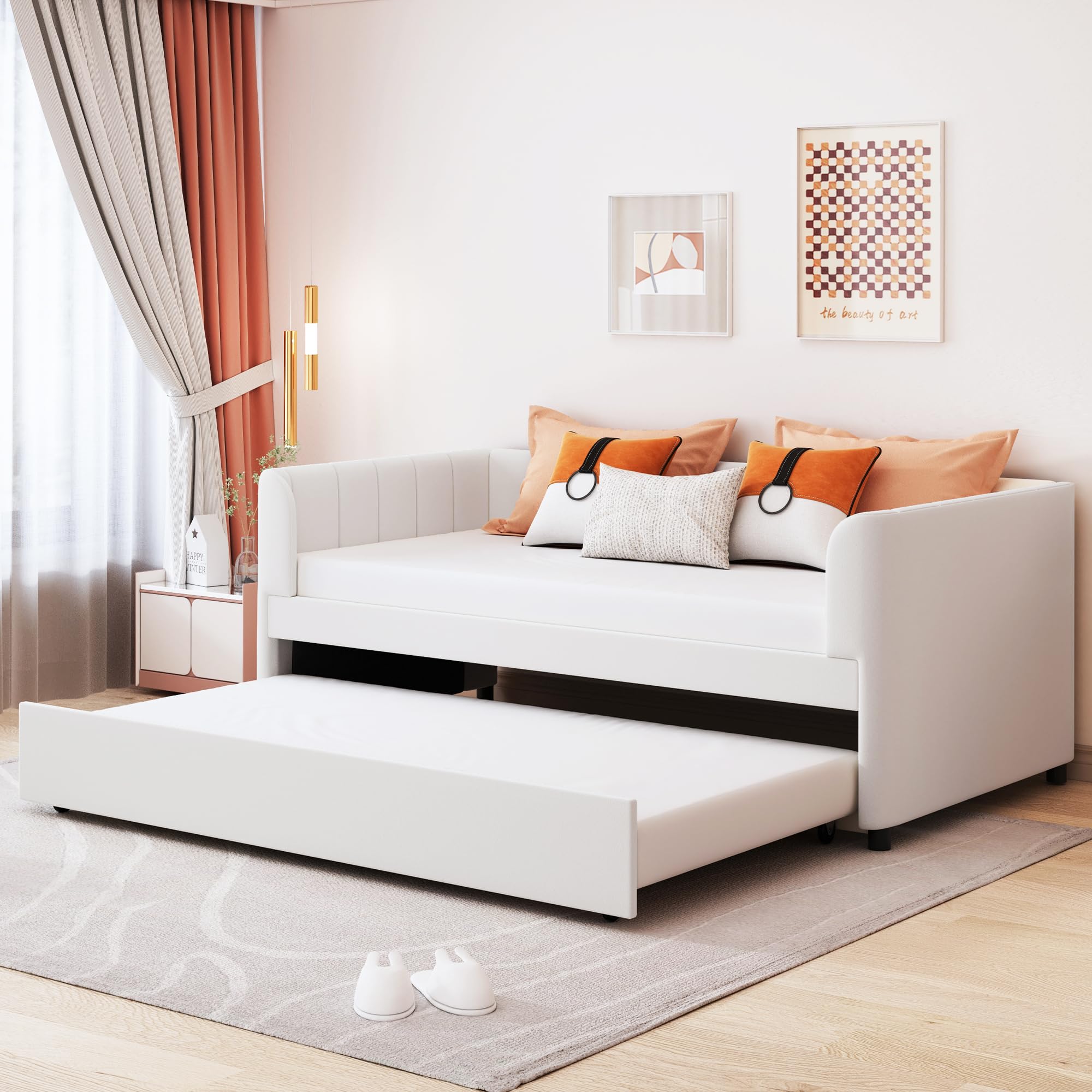 Photo 1 of ***Only Box 1 Of 2*** Acosure Twin Size Velvet Upholstered Daybed with Ergonomic Design Backrest and Trundle,Wood Platform Bed W/Stripe Shaped Headboard,for Bedroom,Apartment,Guestroom,Beige