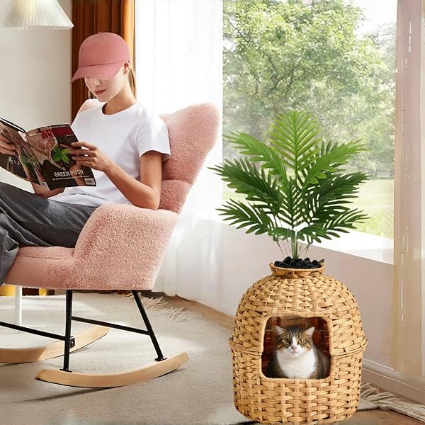 CAT LITTER BOX PLANT FURNITURE ENCLOSURE WITH ARTIFICIAL PLANT, DECORATIVE HANDWOVEN RATTAN ROUND PLANTER, CARBON FILTER FOR ODOR CONTROL, EASY-TO-CLEAN,IN LIVING ROOM, BEDROOM, CORNER, NATURAL