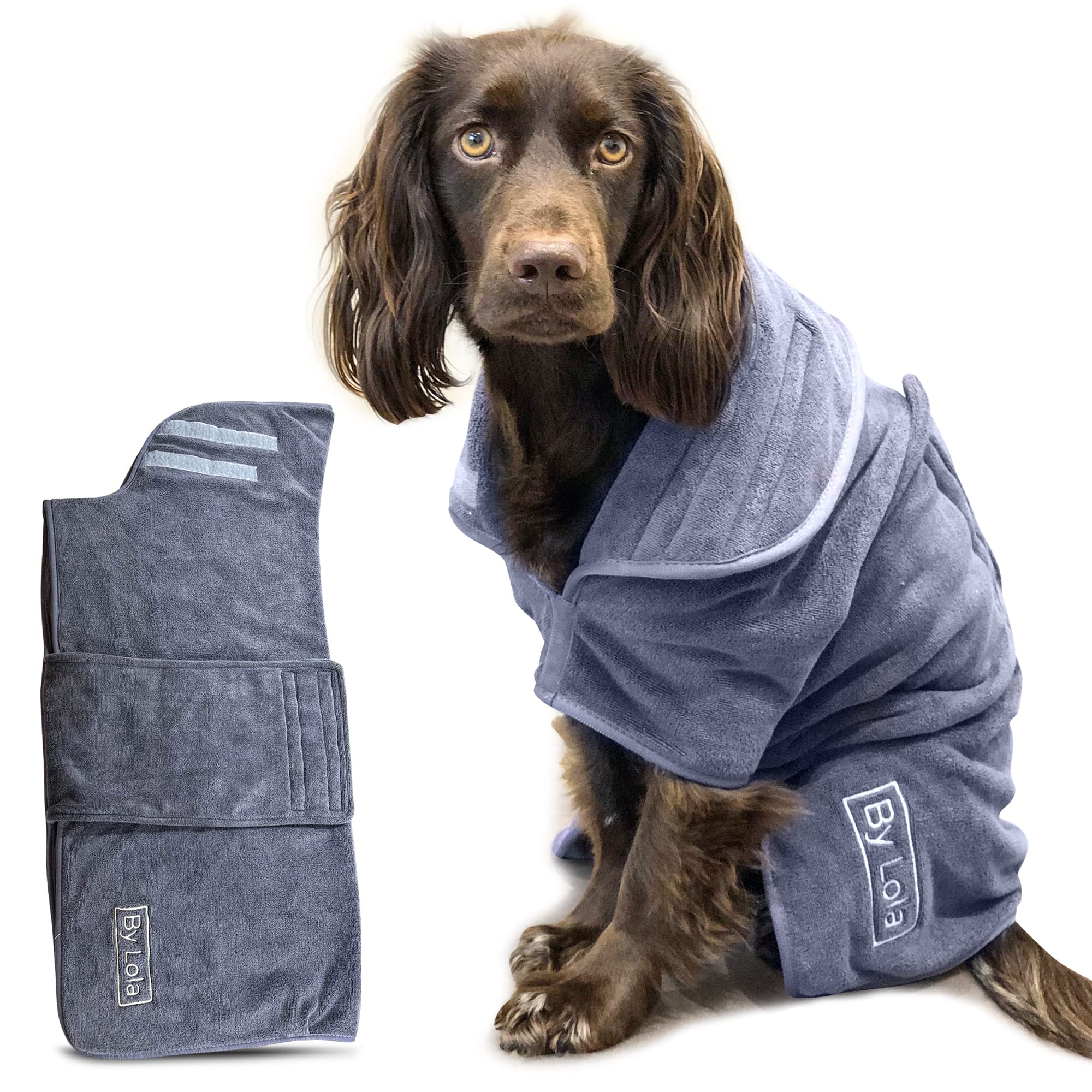 By Lola® - Dog Drying Coat and Robe, Fast-Drying Super Absorbent Pet Towelling Gown - Grey (Medium)