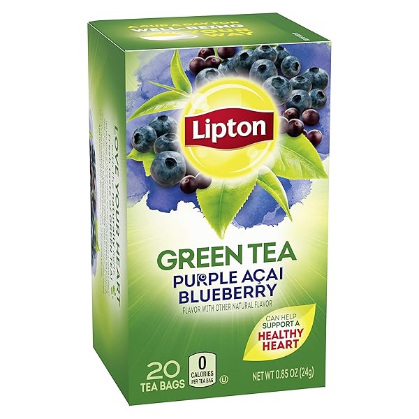 LIPTON GREEN TEA BAGS FLAVORED WITH OTHER NATURAL FLAVORS PURPLE ACAI BLUEBERRY CAN HELP SUPPORT A HEALTHY HEART 1.13 OZ 20 COUNT