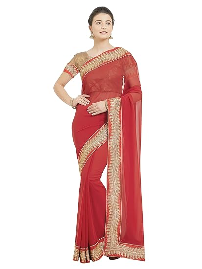 Womens Faux Georgette Solid Heavy Sequins Border Lace Saree (9583)