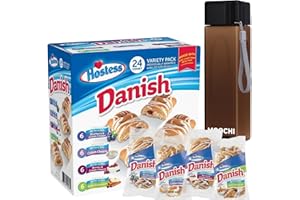 Danish Pastry Snack Variety Pack with Reusable Water Bottle – 24 Individually Wrapped Pastries, Custom Bundled by MOOCHI