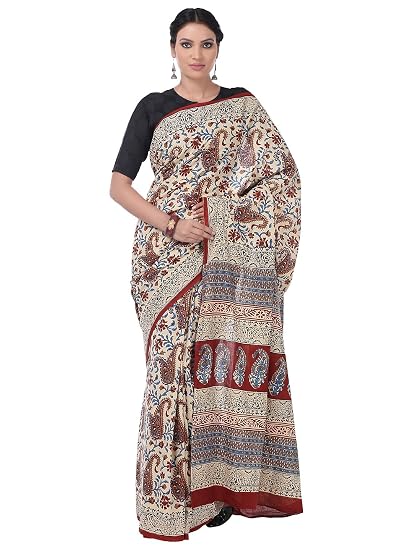 Finest Quality Cotton-Handmade, Beige, Maroon and Blue -Kalamkari Block Print Saree, Blouse Piece