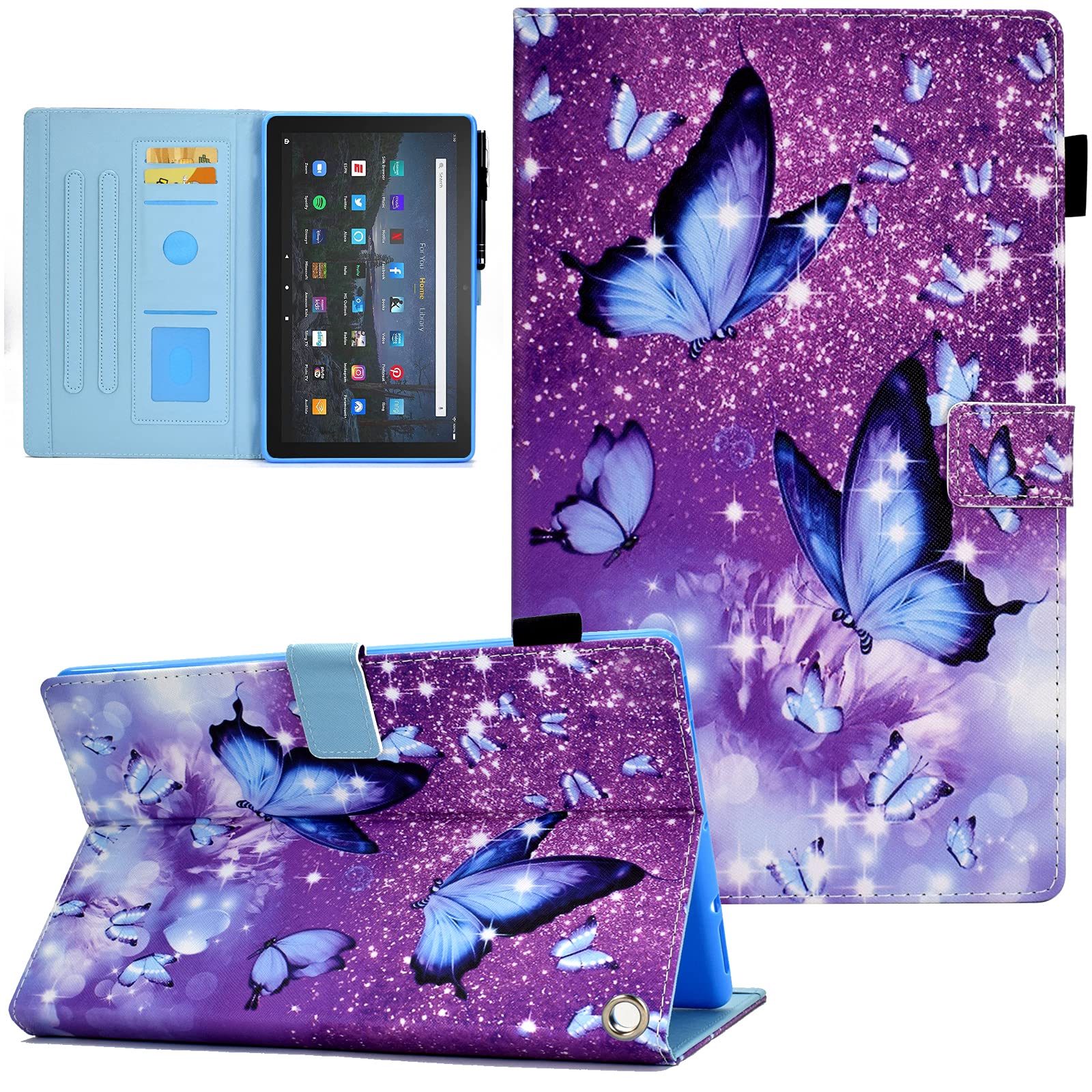 Ausmix PU Leather Slim Folio Stand Cover Case for All-New Fire HD 10 & HD 10 Plus (13th/11th Gen, 2023/2021) with Auto Wake/Sleep, Adjustable Angles, Card Slots, Pencil Holder - Purple Butterfly