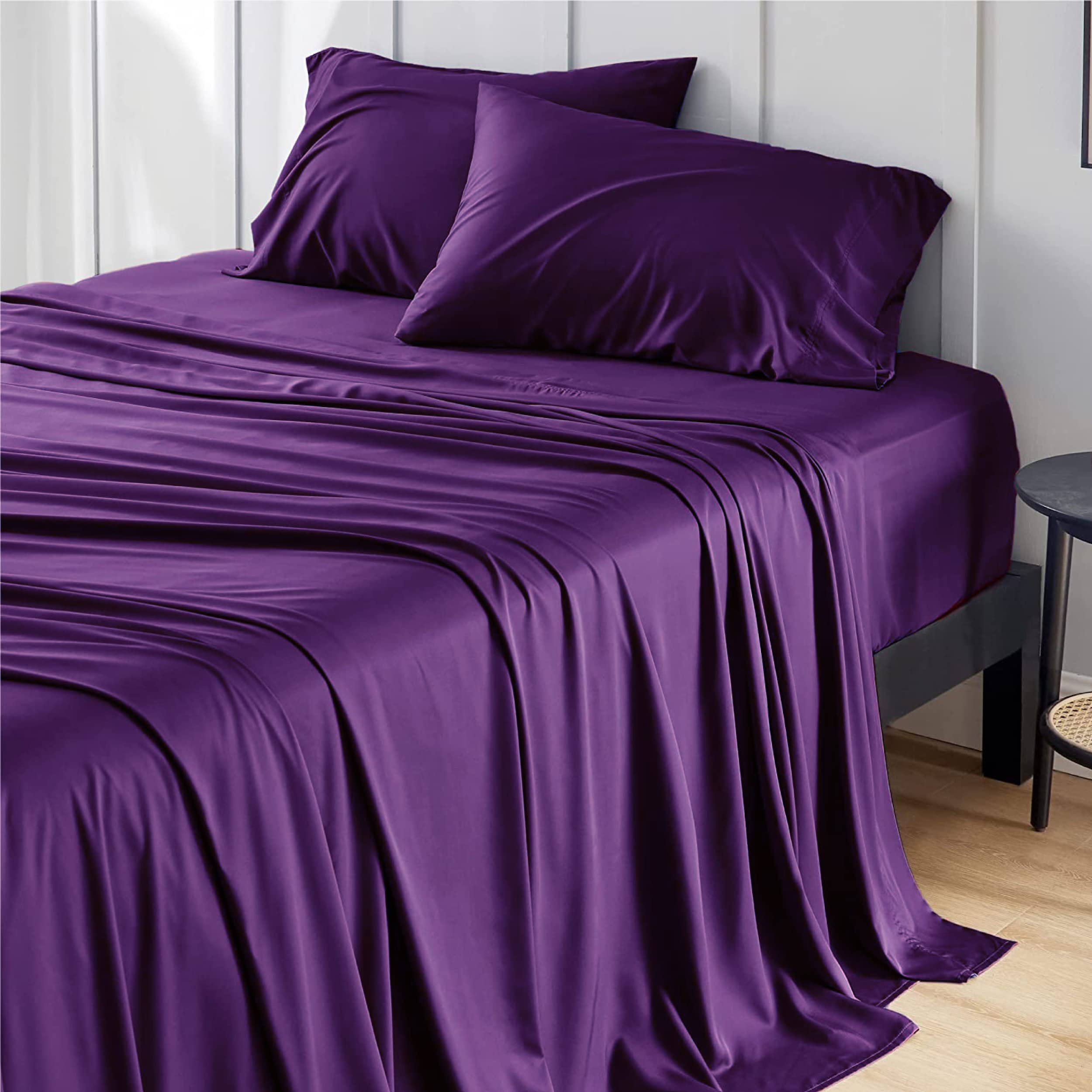 Photo 1 of Bedsure Queen Sheet Set, Rayon Derived from Bamboo, Cooling Sheets, Breathable & Soft, Deep Pocket Up to 16 Inches, Hotel Luxury Silky Bedding for Hot Sleepers, Plum