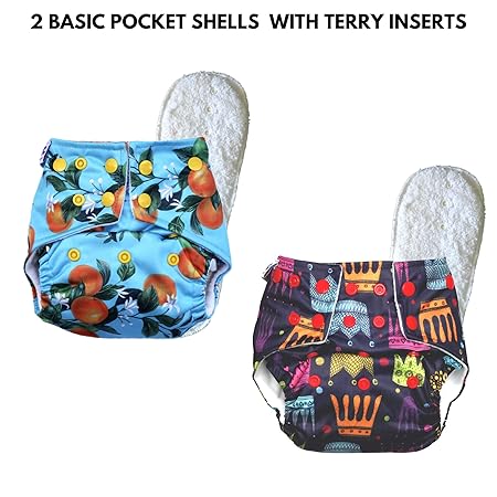 Basic by Superbottoms - 2 Certified Soft Fleece Lined Pocket Diapers with 2 Cotton Terry Inserts (Non Stay Dry) with Snaps (Assorted Prints)