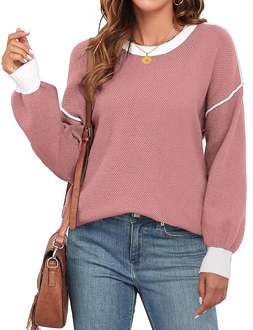 WEACZZY Pink Sweaters for Women Long Sleeve Teen Girls Color Block Oversized Sweaters Knitted Side Slit Pullover Tops Dirty Pink M