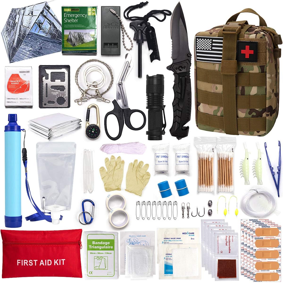 Survival First Aid Kit Molle System Compatible Outdoor Gear Emergency Kits Trauma Bag for Camping Boat Hunting Hiking Home Car Earthquake and Adventures