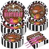 gisgfim 200pcs Cowgirl Birthday Party Decorations - Western Plates, Napkins & Disposable Forks - Pink Cow Western Girl Rodeo Tableware Set - Serves 50